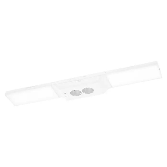 Osram LED-Unterbauleuchte mit Steckdose - L x B x H: 54,8 x 8,1 x 4,1 cm, Lichtfarbe: Warmweiß, 220 V - 240 V, Weiß - Nahaufnahme einer weißen Unterbauleuchte mit zwei runden Aussparungen, ideal für Küchen oder Arbeitsbereiche, zur fokussierten Beleuchtung.
