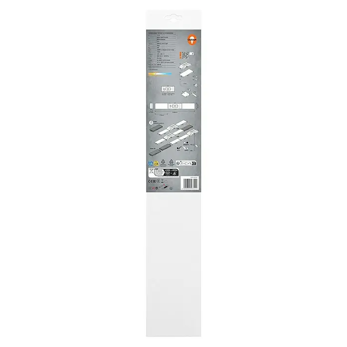 Osram LED-Unterbauleuchte mit Steckdose - L x B x H: 54,8 x 8,1 x 4,1 cm, Lichtfarbe: Warmweiß, 220 V - 240 V, Schwarz - Produktbild einer OSRAM Unterbauleuchte FL Arbeitsleuchte mit diversen Anwendungs- und Montagehinweisen.