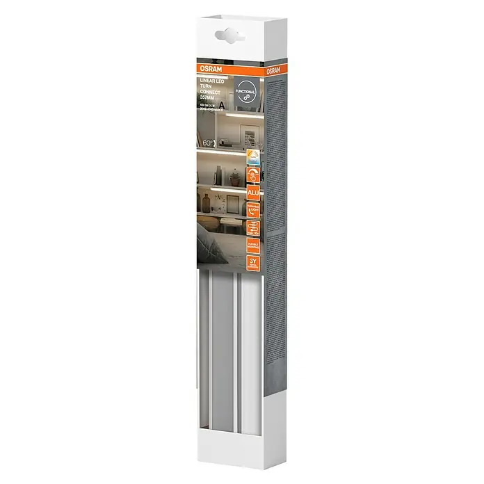 Osram LED-Unterbauleuchte Linear - L x B x H: 35,7 x 6 x 2,4 cm, Lichtfarbe: Tageslichtweiß, 220 V - 240 V, Weiß - Produktverpackung für OSRAM Linear LED Turn Connect 357mm. Das Produkt zeichnet sich durch seine Drehfunktion, flexible Montage und lange Lebensdauer aus.