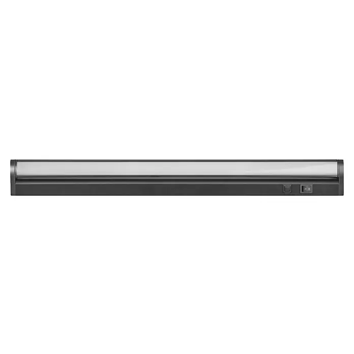 Osram LED-Unterbauleuchte Linear - L x B x H: 55,7 x 6 x 2,4 cm, Lichtfarbe: Tageslichtweiß, 220 V - 240 V, Schwarz - Eine Nahaufnahme einer Unterbauleuchte mit einem Schalter und einem Knopf zur Steuerung der Beleuchtung, ideal für Küchen.