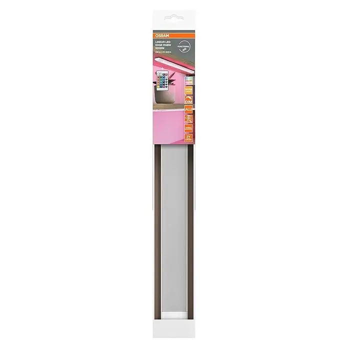 Osram LED-Unterbauleuchte Linear - L x B x H: 50 x 4,9 x 1,8 cm, Lichtfarbe: Warmweiß, 220 V - 240 V - Die Verpackung der OSRAM Linear LED Edge RGBW Leuchte, 500mm, mit Farbfunktion, Dimmbarkeit und Aluminiumgehäuse, perfekt für stimmungsvolle Beleuchtung.