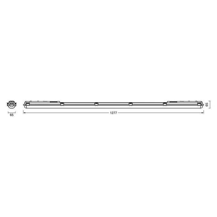 Osram LED-Feuchtraumlichtleiste - Kaltweiß, Länge: 127,7 cm, IP65, 16 W, 1.300 lm - Produktbild einer LED-Leuchte, Abmessungen: Länge 1277 mm, Breite 65 mm, Höhe 96 mm. Kompakte Bauform und hohe Lichtausbeute.