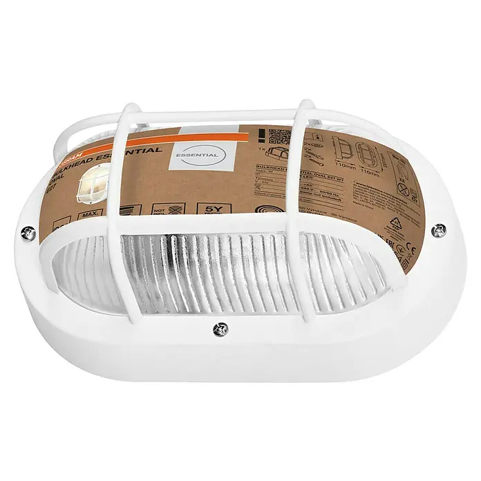 Osram Wand- & Deckenleuchte Bulkhead Essential - L x B x H: 9,8 x 11 x 20,7 cm, Weiß, E27 - Nahaufnahme der LEDVANCE Essential Oval E27 WT Wandleuchte, die sich durch ihr schlichtes, weißes Design und die robuste Bauweise auszeichnet.