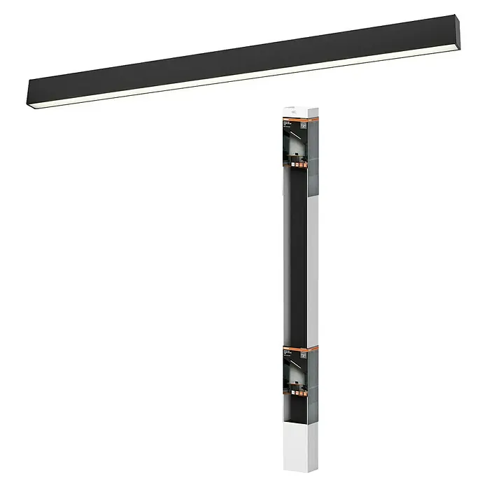 Osram LED-Deckenleuchte Office Line - 30 W, L x B x H: 112,6 x 4,1 x 7 cm, Schwarz, Kaltweiß - Eine moderne LED-Leuchte mit einem schlanken Design, präsentiert in einer Produktverpackung, die ihre Funktionalität hervorhebt.
