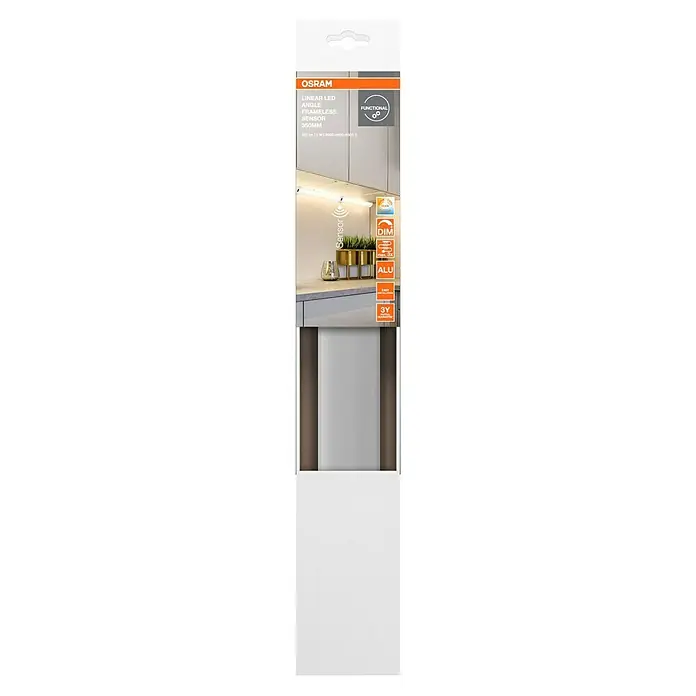 Osram LED-Unterbauleuchte Linear - L x B x H: 35 x 3,6 x 1,8 cm, Lichtfarbe: Tageslichtweiß, 220 V - 240 V - Produktverpackung der OSRAM Linear LED-Unterbauleuchte mit Bewegungssensor, 350 mm, für Küchen und Möbel.