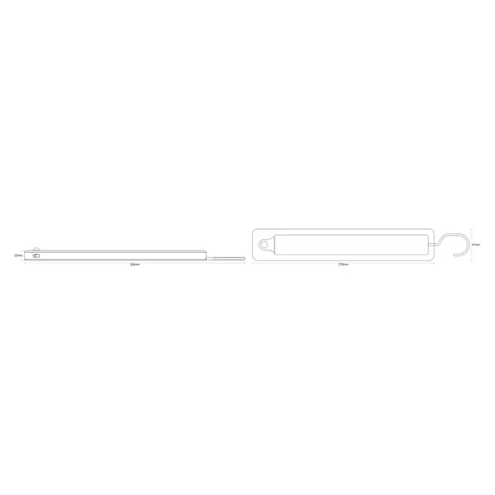 Osram LED-Unterbauleuchte Linearleuchte Mobil Hänger - L x B x H: 32,4 x 4,7 x 1,5 cm, Lichtfarbe: Kaltweiß - Zeichnung des Produkts mit Maßangaben, Länge 324 mm, Höhe 15 mm, Länge der Aufhängung 43 mm, Länge des oberen Teils 270 mm.