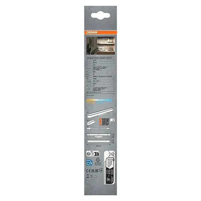 Osram LED-Unterbauleuchte Linearleuchte Mobil Magnet - L x B x H: 28 x 4 x 4,8 cm, Lichtfarbe: Tageslichtweiß - Nahaufnahme der Verpackung einer OSRAM LINEARLED Mobile Magnet USB CCT Leuchte mit technischen Details und Produktabbildungen.