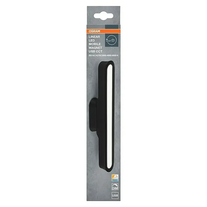 Osram LED-Unterbauleuchte Linearleuchte Mobil Magnet - L x B x H: 28 x 4 x 4,8 cm, Lichtfarbe: Tageslichtweiß - Produktbild: Eine Osram Linear LED-Magnetleuchte in Schwarz, ideal für den mobilen Einsatz mit USB-Anschluss und einstellbarer Farbtemperatur.