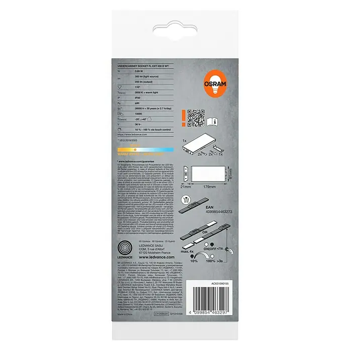 Osram LED-Unterbauleuchte Erweiterung - L x B x H: 17,9 x 8,1 x 2,1 cm, Lichtfarbe: Warmweiß, Weiß - Verpackungsrückseite der Osram Unterbauleuchte FL EXT 830 D WT mit technischen Daten und Montagehinweisen.