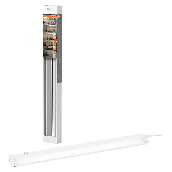 Osram LED-Unterbauleuchte Linear - L x B x H: 55,7 x 6 x 2,4 cm, Lichtfarbe: Tageslichtweiß, 220 V - 240 V, Weiß - Produktverpackung für OSRAM Linear LED Turn-Leuchte mit dem Produkt selbst im Vordergrund.