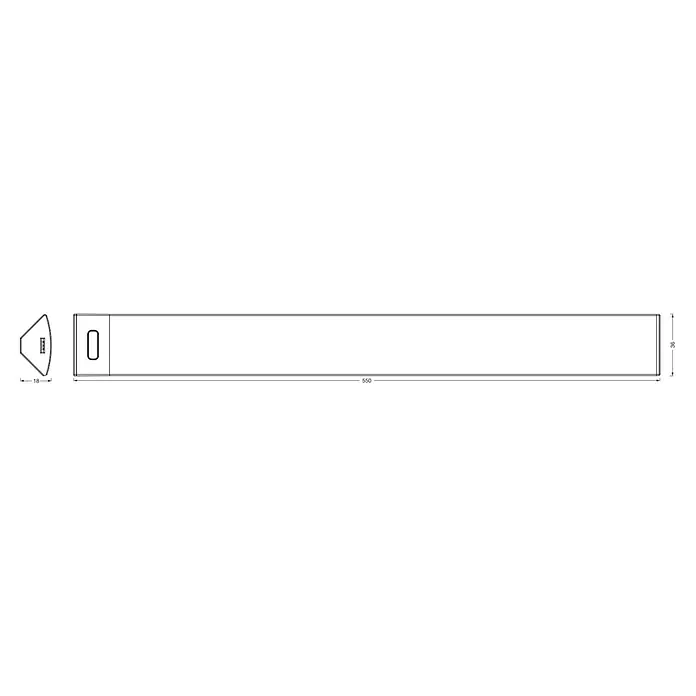 Osram LED-Unterbauleuchte Linear - L x B x H: 55 x 3,6 x 1,8 cm, Lichtfarbe: Tageslichtweiß, 220 V - 240 V - Eine schematische Darstellung eines länglichen Behälters mit den Abmessungen 550 x 36 und einem hervorstehenden Teil von 18, ideal für Baupläne.