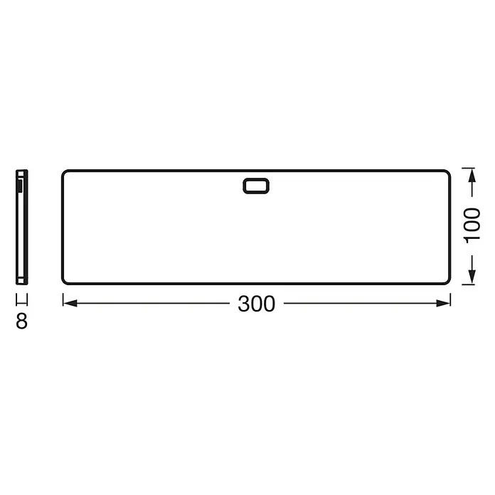 Osram LED-Unterbauleuchte - L x B x H: 30 x 10 x 0,8 cm, Lichtfarbe: Tageslichtweiß, 220 V - 240 V - Technische Zeichnung einer rechteckigen Waschbeckenablage mit den Maßen 300x100x8 mm, ideal für Badezimmer.