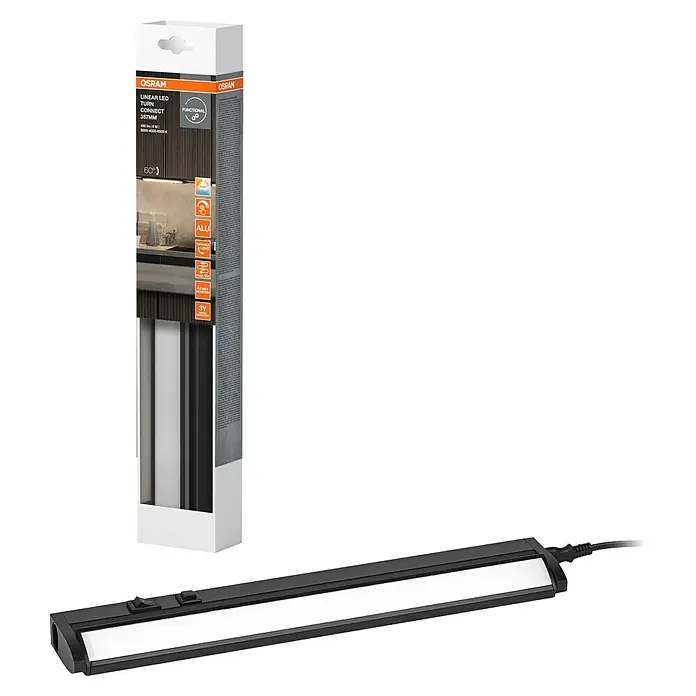 Osram LED-Unterbauleuchte Linear - L x B x H: 35,7 x 6 x 2,4 cm, Lichtfarbe: Tageslichtweiß, 220 V - 240 V, Schwarz - Nahaufnahme einer Osram Linear LED Turn Connect Leuchte mit Verpackung. Die Leuchte ist schmal, schwarz und leuchtet hell.