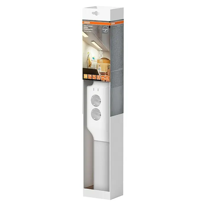 Osram LED-Unterbauleuchte mit Steckdose - L x B x H: 54,8 x 8,1 x 4,1 cm, Lichtfarbe: Warmweiß, 220 V - 240 V, Weiß - Produktverpackung für ein OSRAM Unterbauleuchten-Set zur Montage unter Schränken, frameless, mit Steckdosen.