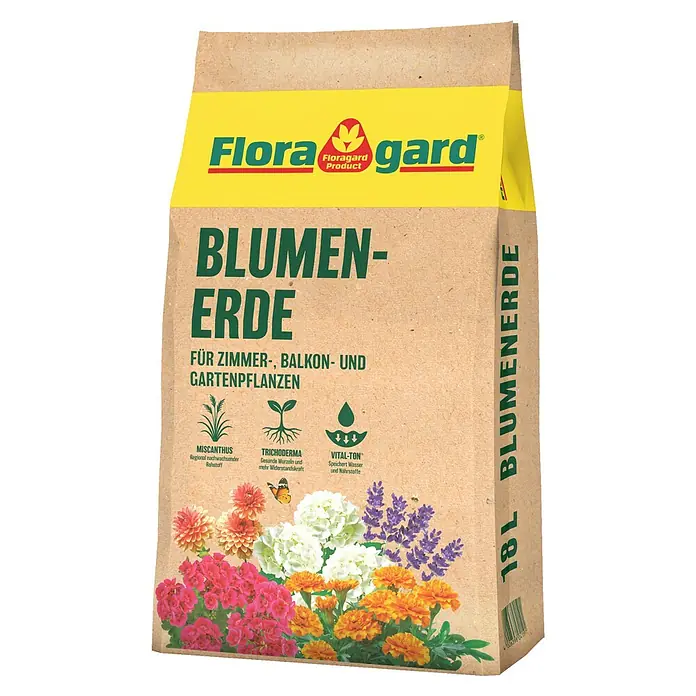 Floragard Blumenerde für Zimmer-, Balkon- und Kübelpflanzen - 18 l, Torfreduziert - Blumenerde von Floragard in einer 18L-Packung, ideal für Zimmer-, Balkon- und Gartenpflanzen. Enthält Miscanthus, Trichoderma und Vital-Ton.