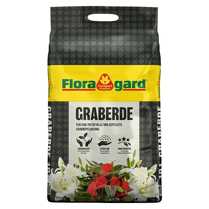 Floragard Graberde - 10 l, Torfreduziert - Abbildung einer Packung Floragard Graberde 10l, einer torfreduzierten Erde für pietätvolle Grabgestaltung mit extrafeiner Struktur und Profi-Rezeptur.