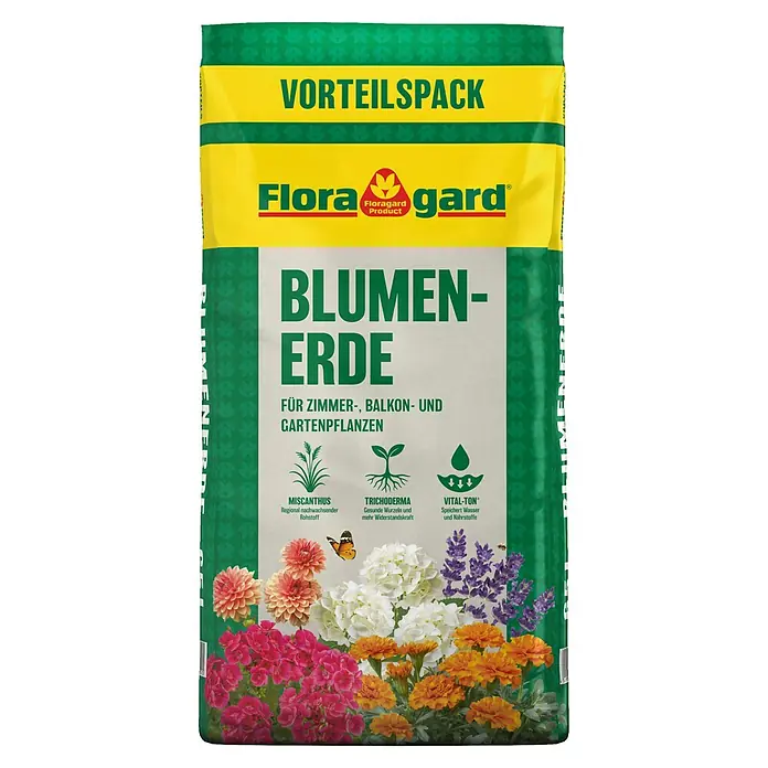 Floragard Blumenerde für Zimmer-, Balkon- und Kübelpflanzen - 65 l, Torfreduziert - Blumenerde von Floragard im Vorteilspack. Für Zimmer-, Balkon- und Gartenpflanzen, mit Miscanthus, Trichoderma und Vital-Ton für optimales Wachstum.