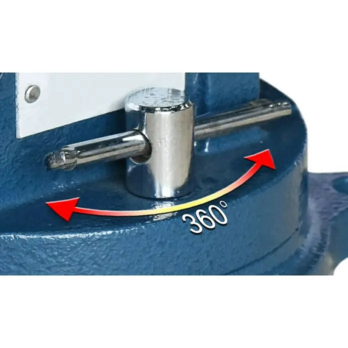 Schraubstock - 125 mm, 360 ° drehbar, Metall - Das Bild zeigt eine Werkbank mit einem 360° drehbaren Schraubstock, ideal für vielseitige Arbeiten.