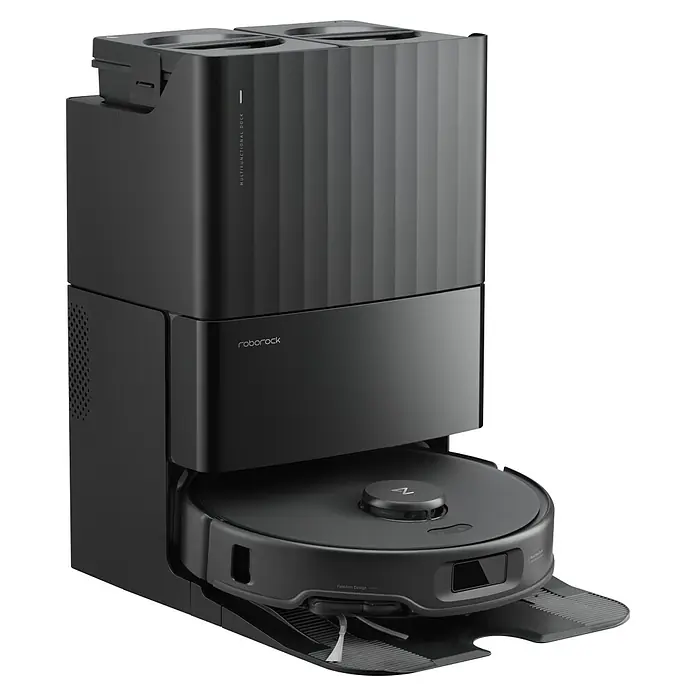 Roborock Saugwischroboter Qrevo Edge 5V1 Black - Saugkraft: 18.500 Pa, Akkulaufzeit: 180 min, Fassungsvermögen Roboter: 325 ml, Schwarz - Das Bild zeigt eine Roborock S8 Pro Ultra Saug- und Wischroboter mit Multifunktionsdockingstation in elegantem Schwarz, ideal für die Hausreinigung.