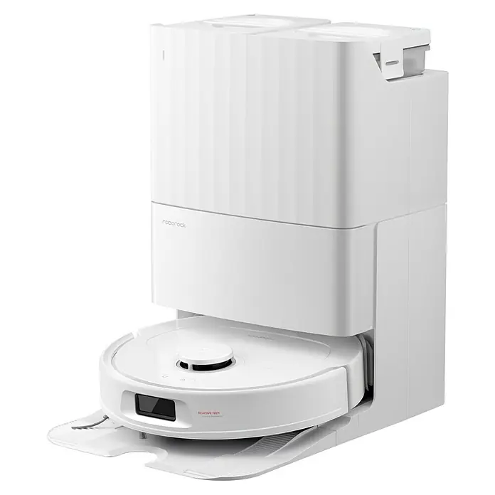 Roborock Saugwischroboter QR 598 White - Saugkraft: 8.000 Pa, Akkulaufzeit: 180 min, Fassungsvermögen Roboter: 330 ml, Weiß - Roborock S7 MaxV Ultra: Ein weißer Saugroboter mit Reinigungsstation.