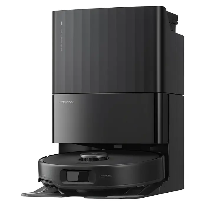 Roborock Saugwischroboter Qrevo Edge 5V1 Black - Saugkraft: 18.500 Pa, Akkulaufzeit: 180 min, Fassungsvermögen Roboter: 325 ml, Schwarz - Ein Roborock Staubsaugerroboter in Schwarz mit einer Multifunktions-Dockingstation. Das Gerät ist elegant und modern gestaltet.