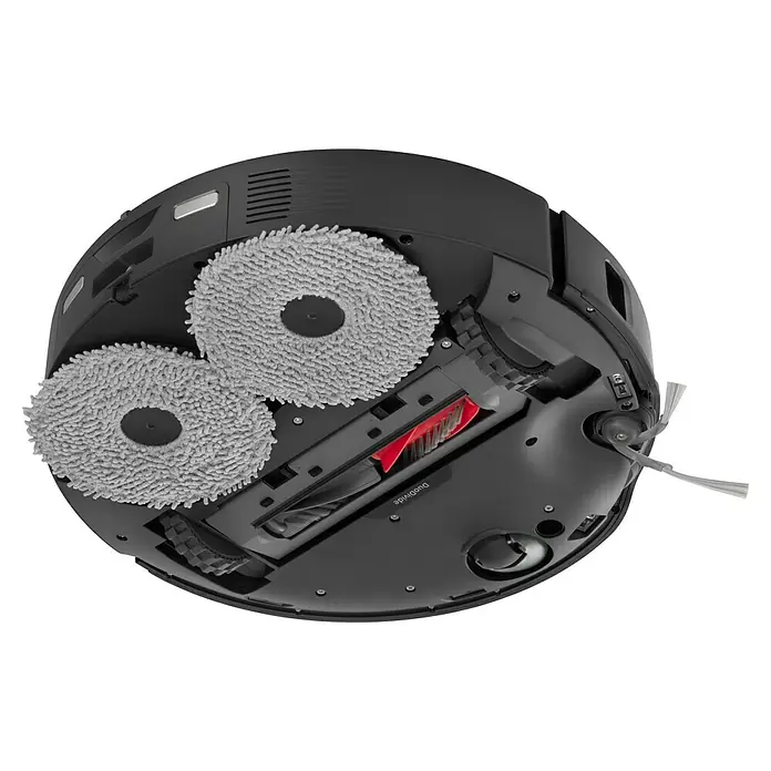 Roborock Saugwischroboter Qrevo Edge 5V1 Black - Saugkraft: 18.500 Pa, Akkulaufzeit: 180 min, Fassungsvermögen Roboter: 325 ml, Schwarz - Nahaufnahme der Unterseite eines schwarzen Robotersaugers mit zwei grauen runden Moppaufsätzen und einer roten Bürste.