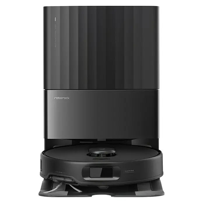 Roborock Saugwischroboter Qrevo Edge 5V1 Black - Saugkraft: 18.500 Pa, Akkulaufzeit: 180 min, Fassungsvermögen Roboter: 325 ml, Schwarz - Das Bild zeigt einen Roborock S8 Pro Ultra Staubsauger mit Reinigungsstation in elegantem Schwarz. Der Saugroboter verspricht effiziente Reinigung.