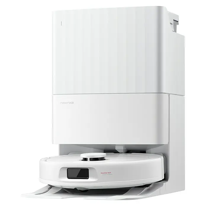 Roborock Saugwischroboter QR 598 White - Saugkraft: 8.000 Pa, Akkulaufzeit: 180 min, Fassungsvermögen Roboter: 330 ml, Weiß - Das Bild zeigt einen Roborock Saugroboter mit seiner Dockingstation, beides in Weiß gehalten.
