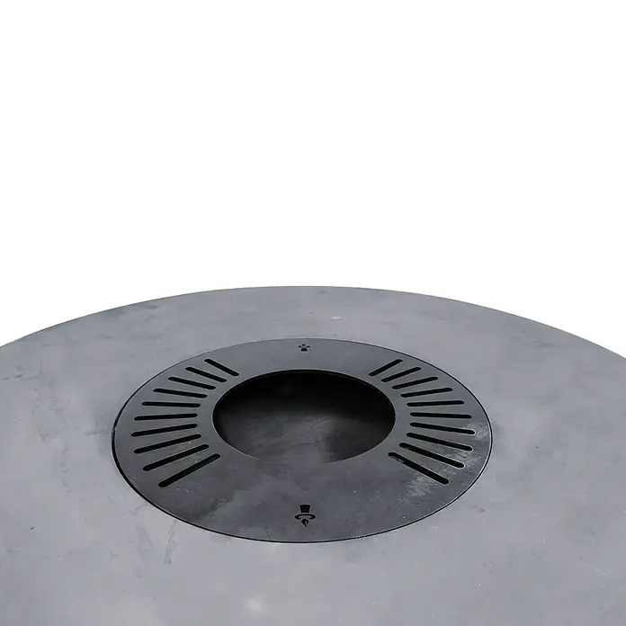Remundi Wok-Ring L - Ø x H: 45 x 0,5 cm, Stahl - Detailansicht einer grauen Beton-Abfalltonne mit schwarzem, kreisförmigem Deckel mit Schlitzen, ideal für den Außenbereich.
