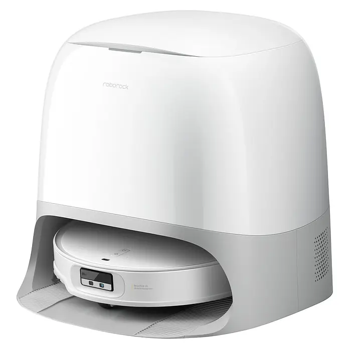 Roborock Saugwischroboter Qrevo CurvX White - Saugkraft: 22.000 Pa, Akkulaufzeit: 220 min, Fassungsvermögen Roboter: 330 ml - Nahaufnahme eines Roborock S7 MaxV Ultra Saugroboters mit Absaugstation. Das Gerät ist weiß und steht auf einem dunklen Untergrund.