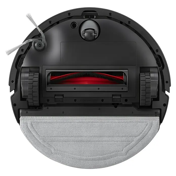 Roborock Saugwischroboter Q10 VF+ Black - Saugkraft: 10.000 Pa, Akkulaufzeit: 240 min, Fassungsvermögen Roboter: 350 ml, Schwarz - Unterseite eines Roboterstaubsaugers mit roter Bürste und grauem Wischtuch.