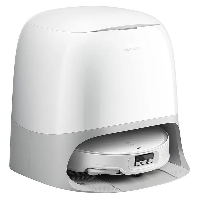 Roborock Saugwischroboter Qrevo CurvX White - Saugkraft: 22.000 Pa, Akkulaufzeit: 220 min, Fassungsvermögen Roboter: 330 ml - Nahaufnahme eines Roborock S8 Pro Ultra Staubsaugerroboters, der sich in seiner Ladestation befindet.