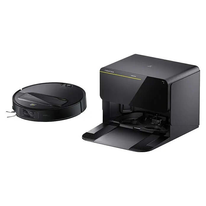 Roborock Saugwischroboter Saros Z70 R&D Black mit Wasseranschluss - Saugkraft: 22.000 Pa, Akkulaufzeit: 135 min, Fassungsvermögen Roboter: 350 ml, Schwarz - Schwarzer Roborock S8 Pro Ultra Staubsauger und seine Reinigungsstation.