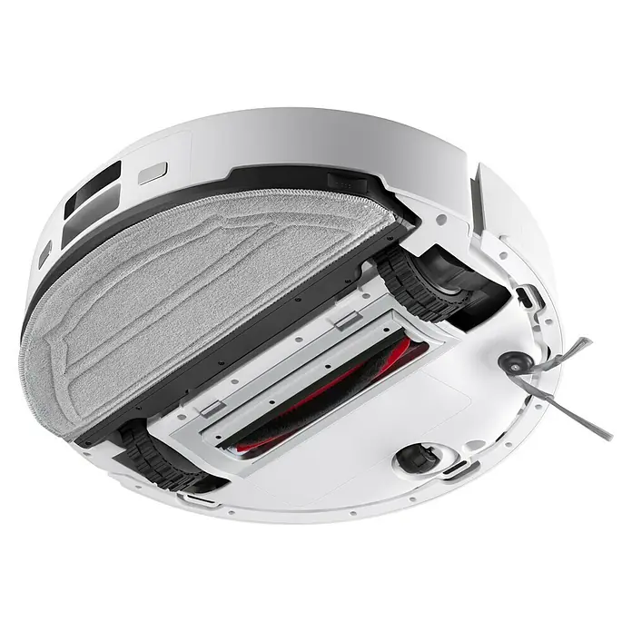Roborock Saugwischroboter Q10 VF+ White - Saugkraft: 10.000 Pa, Akkulaufzeit: 240 min, Fassungsvermögen Roboter: 350 ml, Weiß - Ansicht der Unterseite eines Robotersaugers, die die Bürste, die Räder und den Moppaufsatz zeigt.