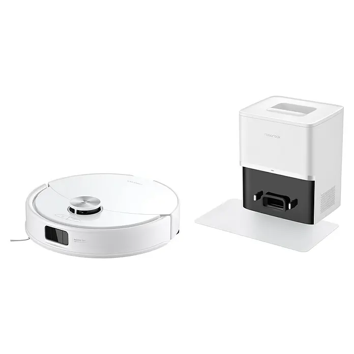 Roborock Saugwischroboter Q10 VF+ White - Saugkraft: 10.000 Pa, Akkulaufzeit: 240 min, Fassungsvermögen Roboter: 350 ml, Weiß - Weißer Roborock Staubsaugerroboter und seine Ladestation, die ein schlankes und modernes Design aufweist.