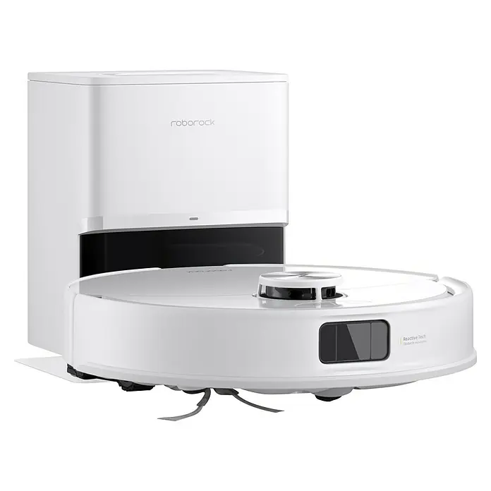 Roborock Saugwischroboter Q10 VF+ White - Saugkraft: 10.000 Pa, Akkulaufzeit: 240 min, Fassungsvermögen Roboter: 350 ml, Weiß - Weißer Roborock Saugroboter mit Absaugstation. Der Roboter ist rund und verfügt über Sensoren für die Navigation.