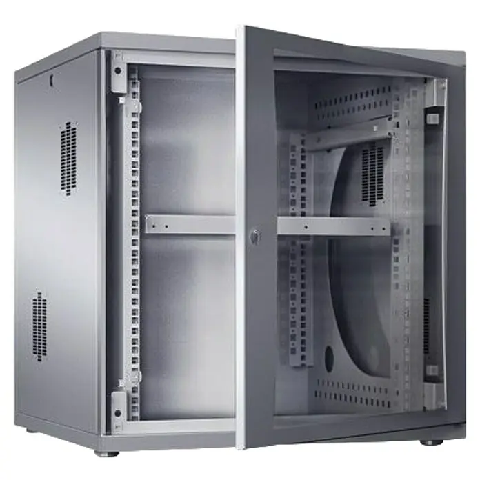 Schutzgehäuse Netzwerkschrank Rittal Flatbox - 600 x 358 mm - Serverschrank mit offener Tür. Der Schrank ist grau und hat Lüftungsschlitze.