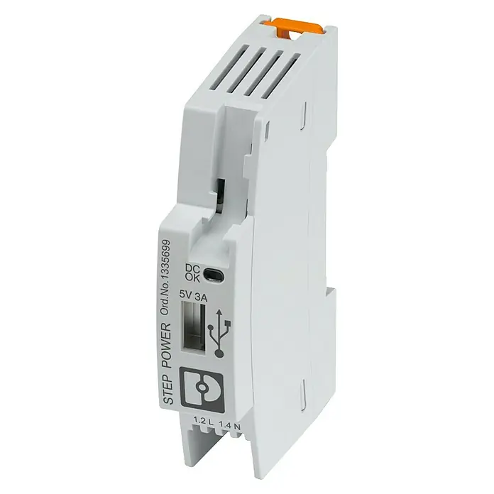 Phoenix Contact Stromverteiler Stromversorgung STEP3-PS 1AC/5DC 1335699 - Weiß - Nahaufnahme eines STEP POWER-Netzteils mit USB-Anschluss, ideal für die Hutschienenmontage in Schaltschränken.