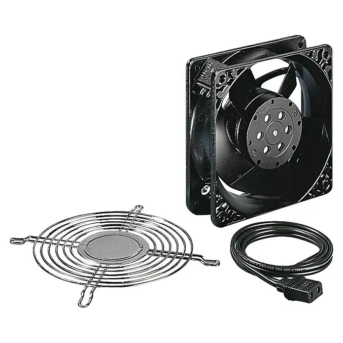 Aufputz-Verteiler Rittal Flatbox Lüftererweiterung - 119 x 119 mm - Produktbild eines quadratischen Lüfters mit Schutzgitter und Stromkabel.