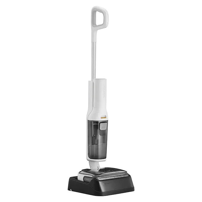Roborock Akku-Nass-Trockensauger F25RT - Saugkraft: 20.000 Pa, Akkulaufzeit: 40 min, Wassertankvolumen: 0,87 l - Das Bild zeigt einen weißen Roborock Staubsauger mit Wassertank auf einer schwarzen Ladestation vor schwarzem Hintergrund.