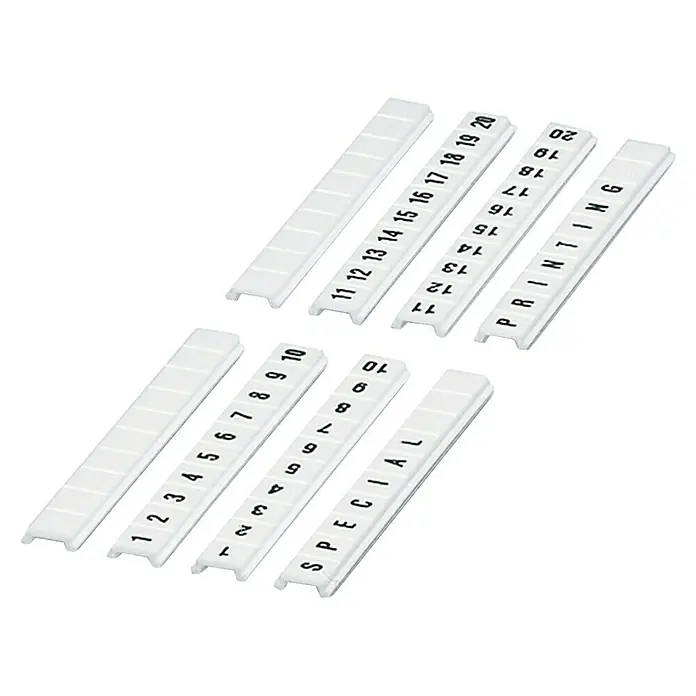 Phoenix Contact Beschriftungsband Zackband Flach 0808671:0001 - L x B: 1,6 x 5,15 mm, Kunststoff - Nahaufnahme von Markierungsstreifen mit den Zahlen 1-20 und den Wörtern "SPECIAL" und "PRINTING" auf weißem Grund.
