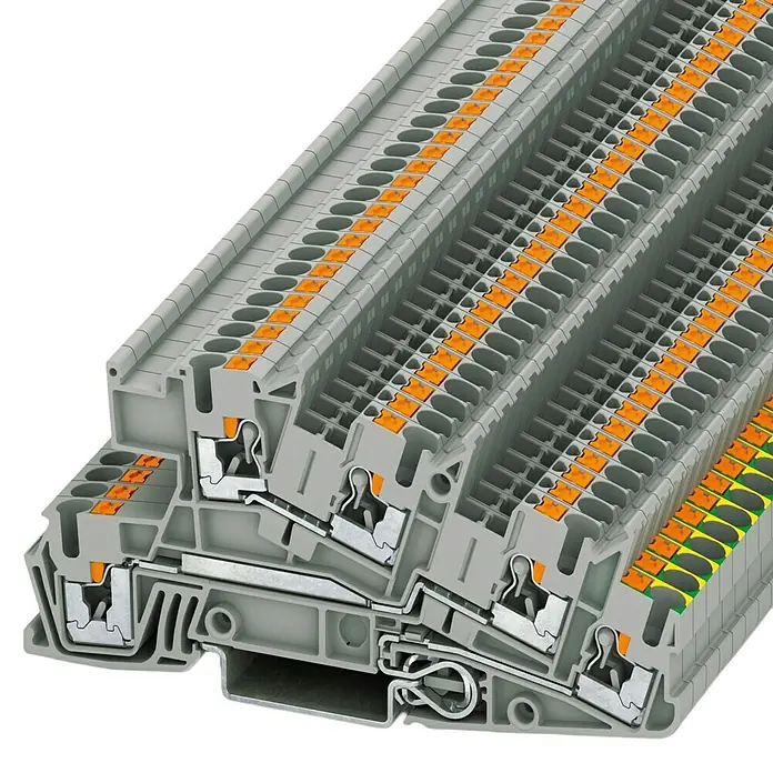 Phoenix Contact Installationsetagenklemme PTI | PE, L, L 3213949 - 0,14 mm² - 4 mm², Grau - Detailaufnahme einer Reihenklemme mit sichtbaren internen Komponenten und orangefarbenen Markierungen.