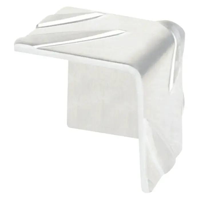 Alberts Escuadra esquinera - 29,5 x 29,5 mm, Aluminio - La imagen muestra un protector de esquina blanco con ranuras decorativas, ideal para proteger las esquinas de los daños a la vez que añade un toque elegante.