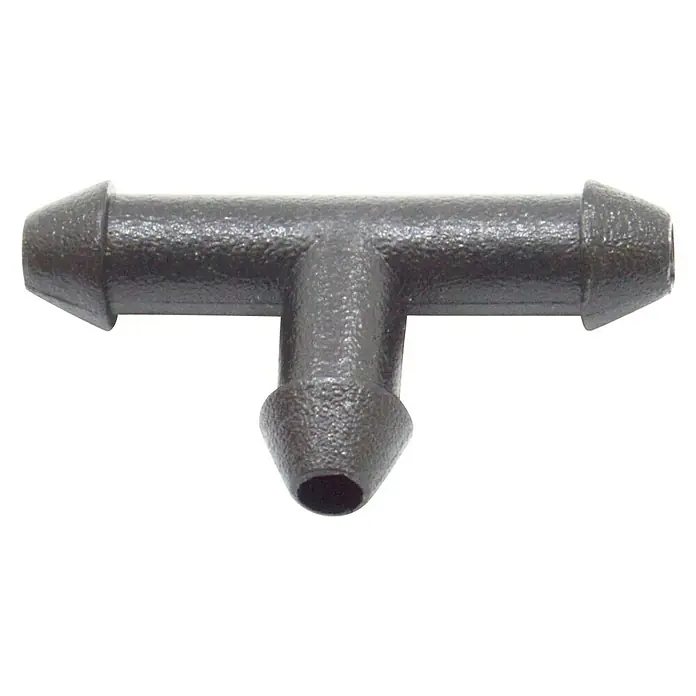 Pieza T microgoteo - 4 mm, 10 ud. - Conector negro en forma de T para unir mangueras o tubos, ideal para sistemas de riego y otras aplicaciones.