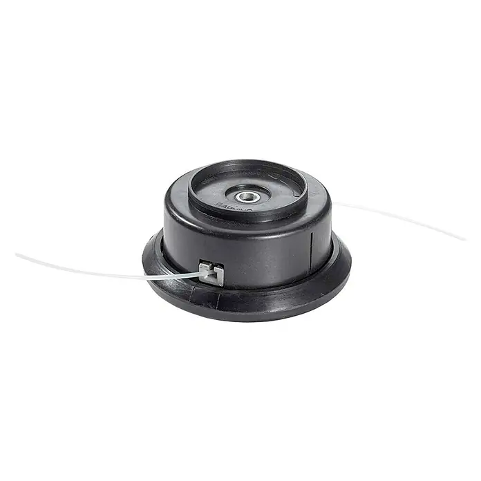 Alpina Benzin-Multitool AMT 26 - 0,7 kW, 25,4 cm³ - Nahaufnahme eines schwarzen Trimmerkopfes mit zwei weißen Trimmerfäden, ideal für Gartenarbeiten und Rasenpflege.