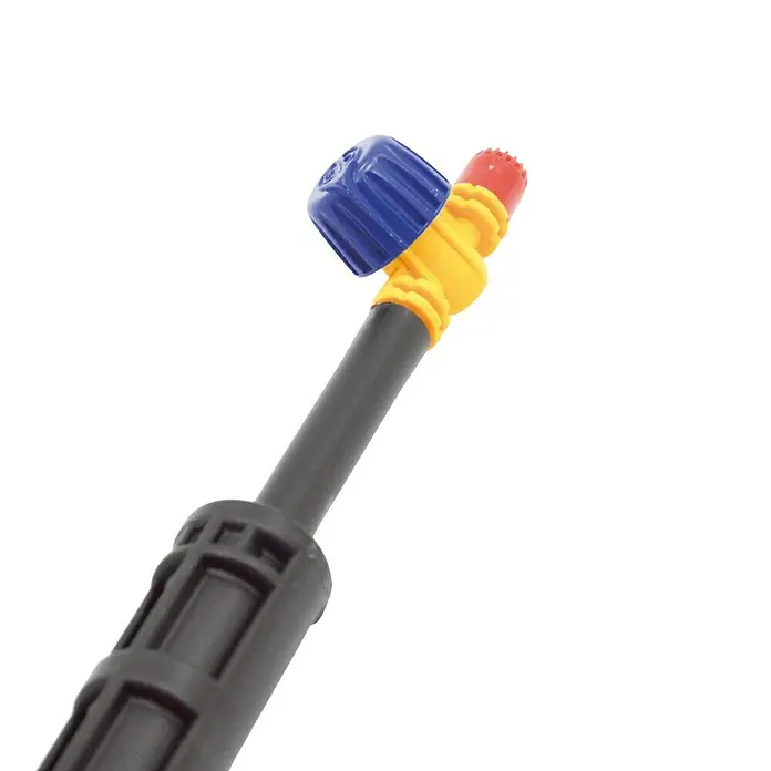 Varilla con microdifusor - Formas de riego: 360°, Largo: 30 cm, 1 ud. - Primer plano de una boquilla rociadora con tapa azul, conector amarillo y punta roja, unida a una varilla gris.
