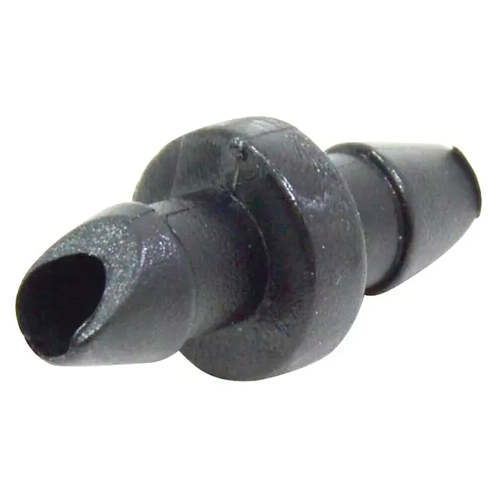 Acoplamiento de manguera de microgoteo - 4 mm, 25 ud. - Primer plano de un conector de manguera negro, probablemente utilizado para sistemas de riego o aplicaciones similares.