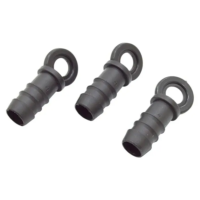 Tapón final Goteo - 16 mm, 3 ud. - Imagen de tres conectores de cola de manguera negros con ojal, ideales para sistemas de riego u otras conexiones de manguera.