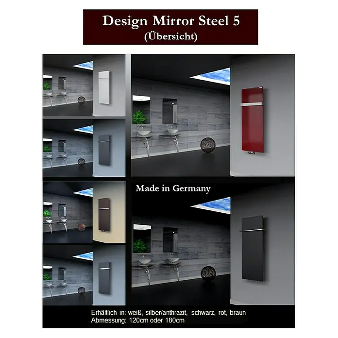 Badheizkörper Manhattan - B x H: 470 x 1.200 mm, Edelstahl, Mit Halter 15mm, Nennleistung: 1.458 W - Design Spiegel Steel 5 (Übersicht). Der Heizkörper ist in verschiedenen Farben erhältlich: Weiß, Silber/Anthrazit, Schwarz, Rot und Braun.