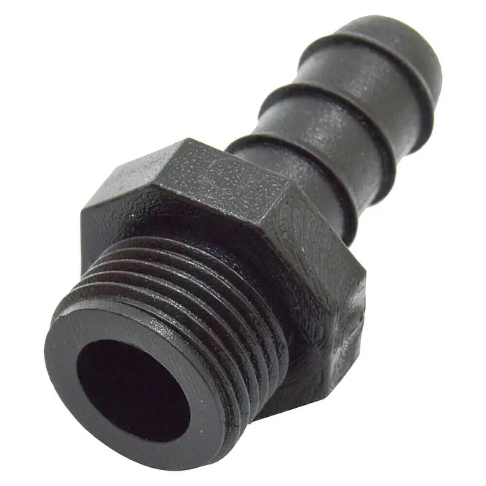 Conector para manguera goteo Macho - ½″, 16 mm, Plástico - Primer plano de un conector de manguera negro con roscas, diseñado para una conexión segura y hermética en sistemas de plomería.